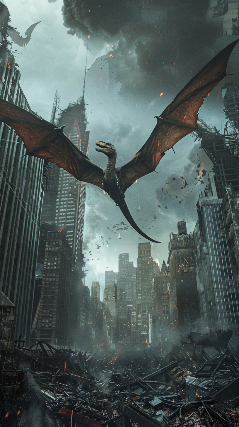 Robot Pteranodon Flying Over City