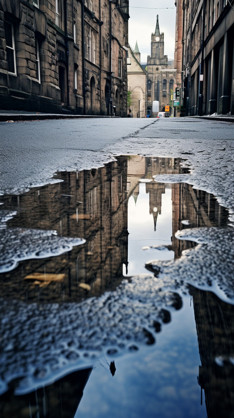 City reflection in puddle