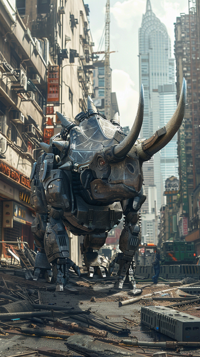 Robotized Triceratops in urban area