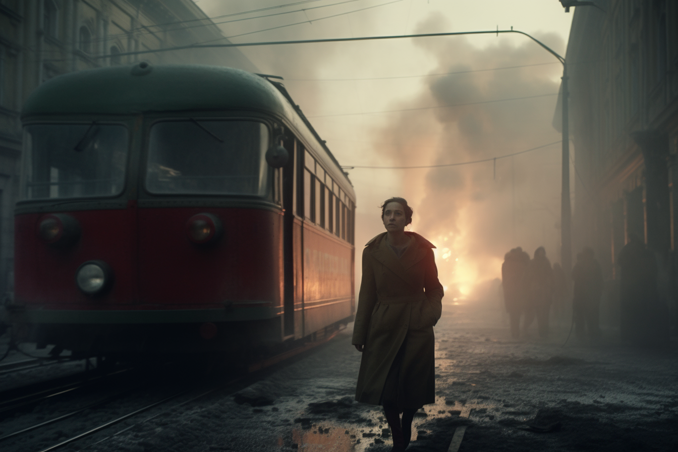 Scared woman nurse running in old tram during Warsaw Uprising