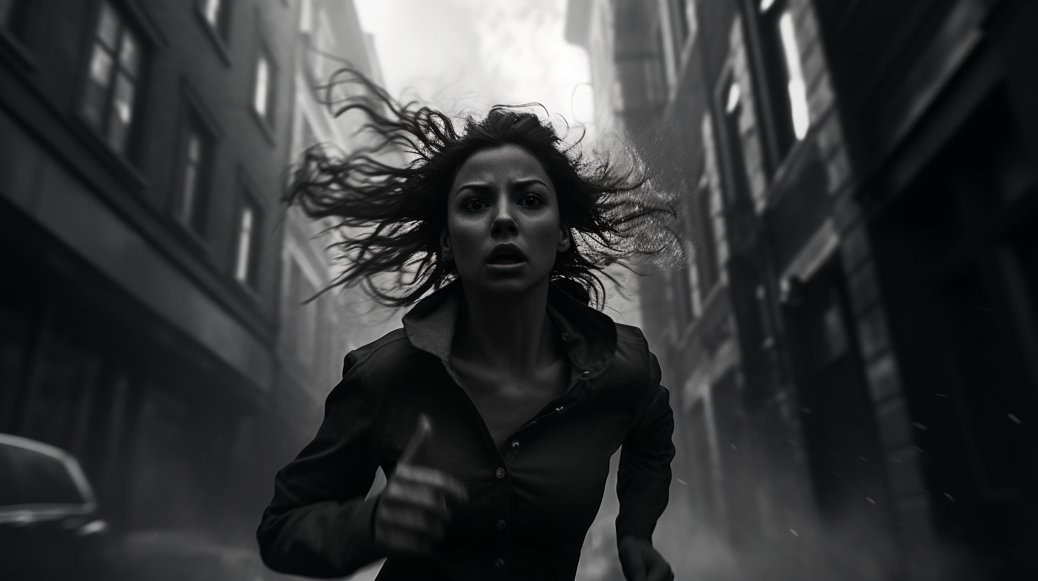 Woman running in fear in the city