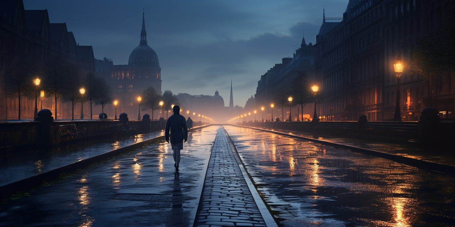 Running path in rain through city