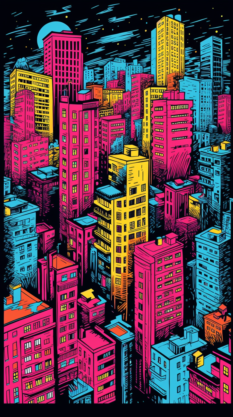 Urban Cityscape with Vibrant Neon Colors