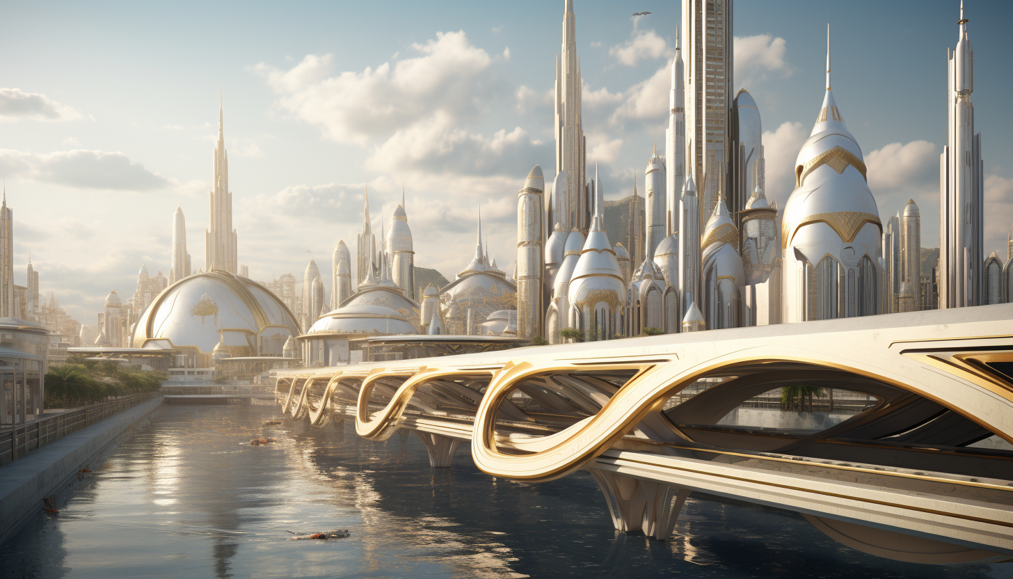 City skyline with Arabian structures and golden electric vehicle