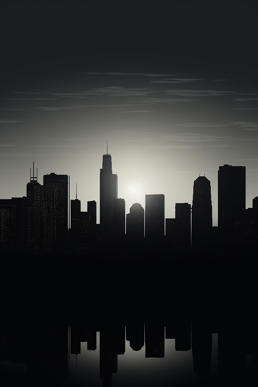 Silhouettes of city skyscrapers at dusk