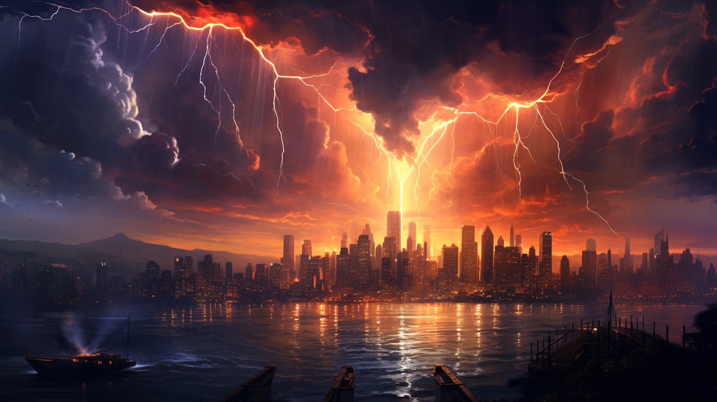 City skyline with lightning strikes at night