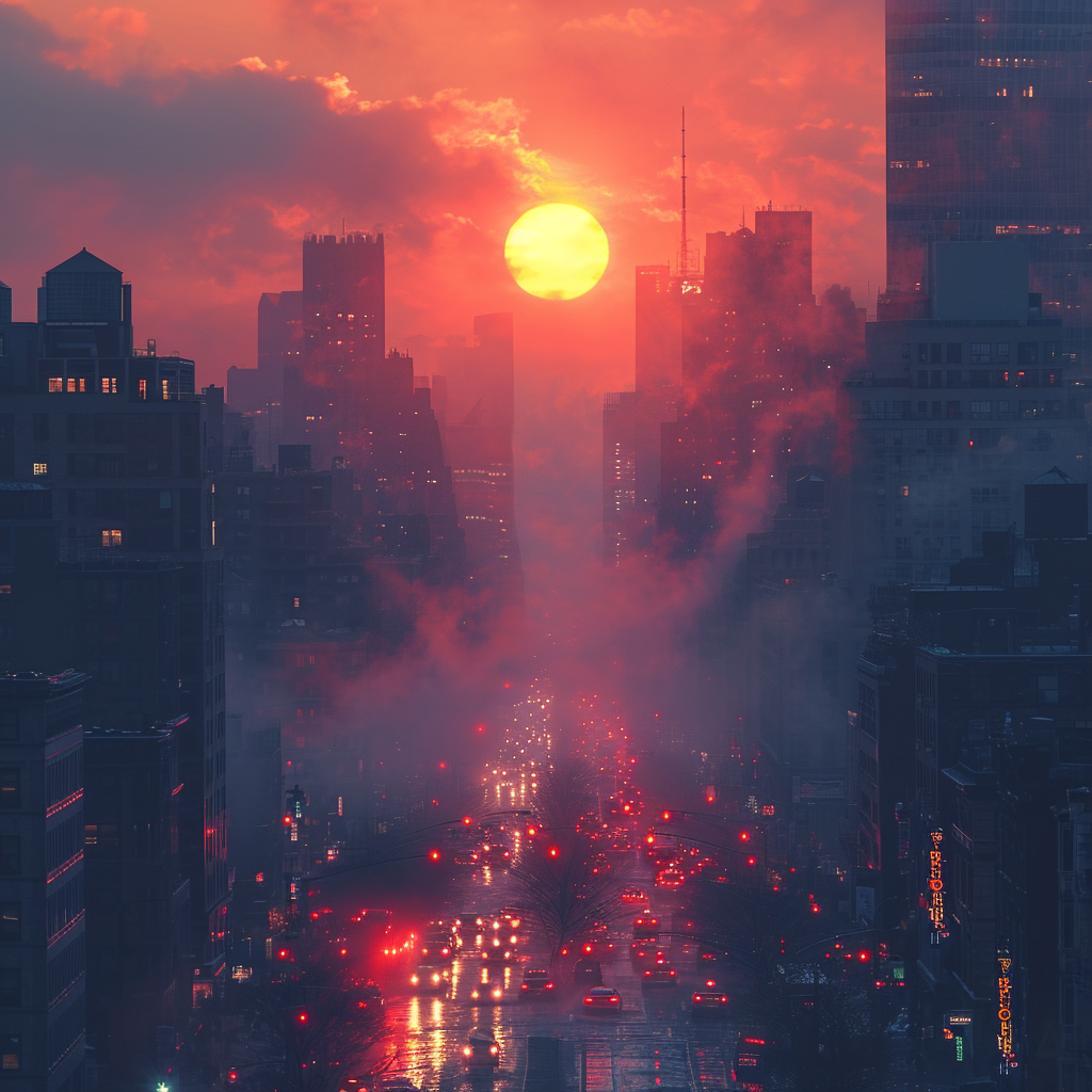 City skyline with rising sun and glowing traffic lights