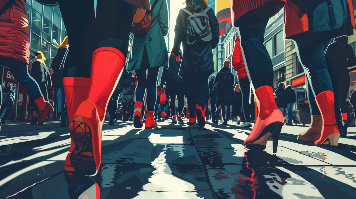 People with red socks on street