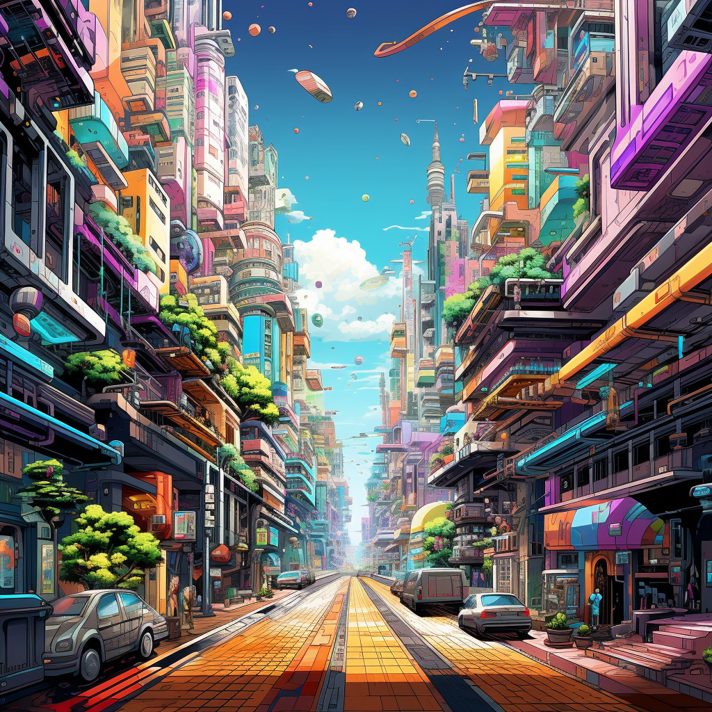 Futuristic city view with a psychedelic touch