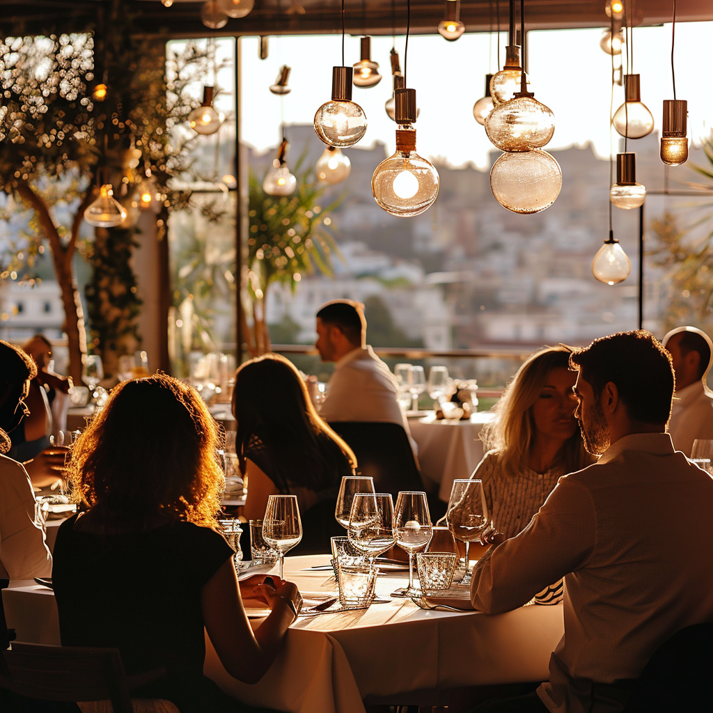 People drinking wine in city view restaurant