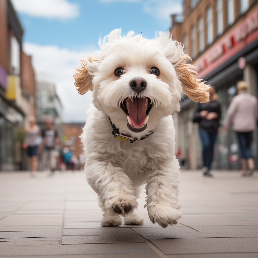 Cockapoo dog walking in the city with a smiling face