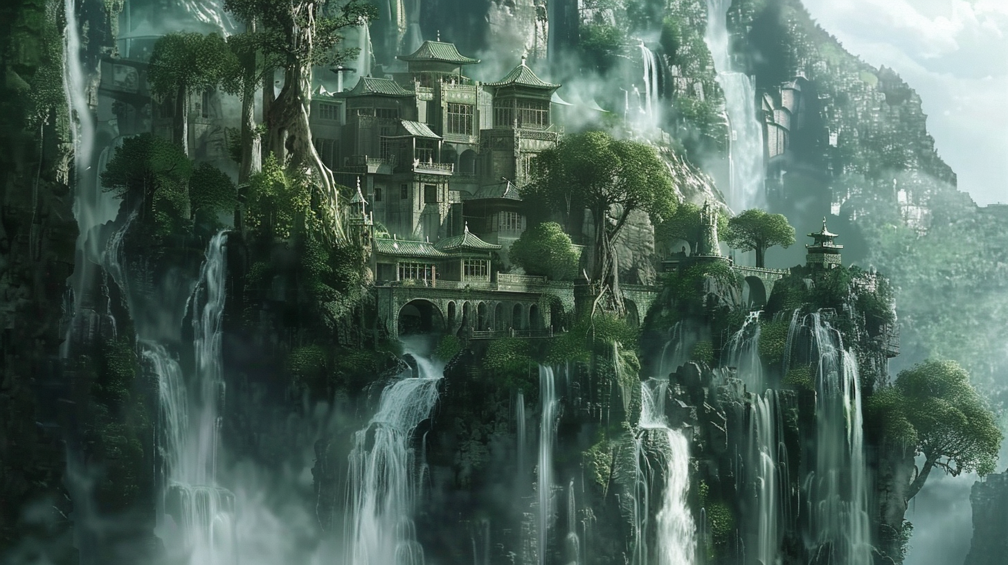 City built into giant waterfall