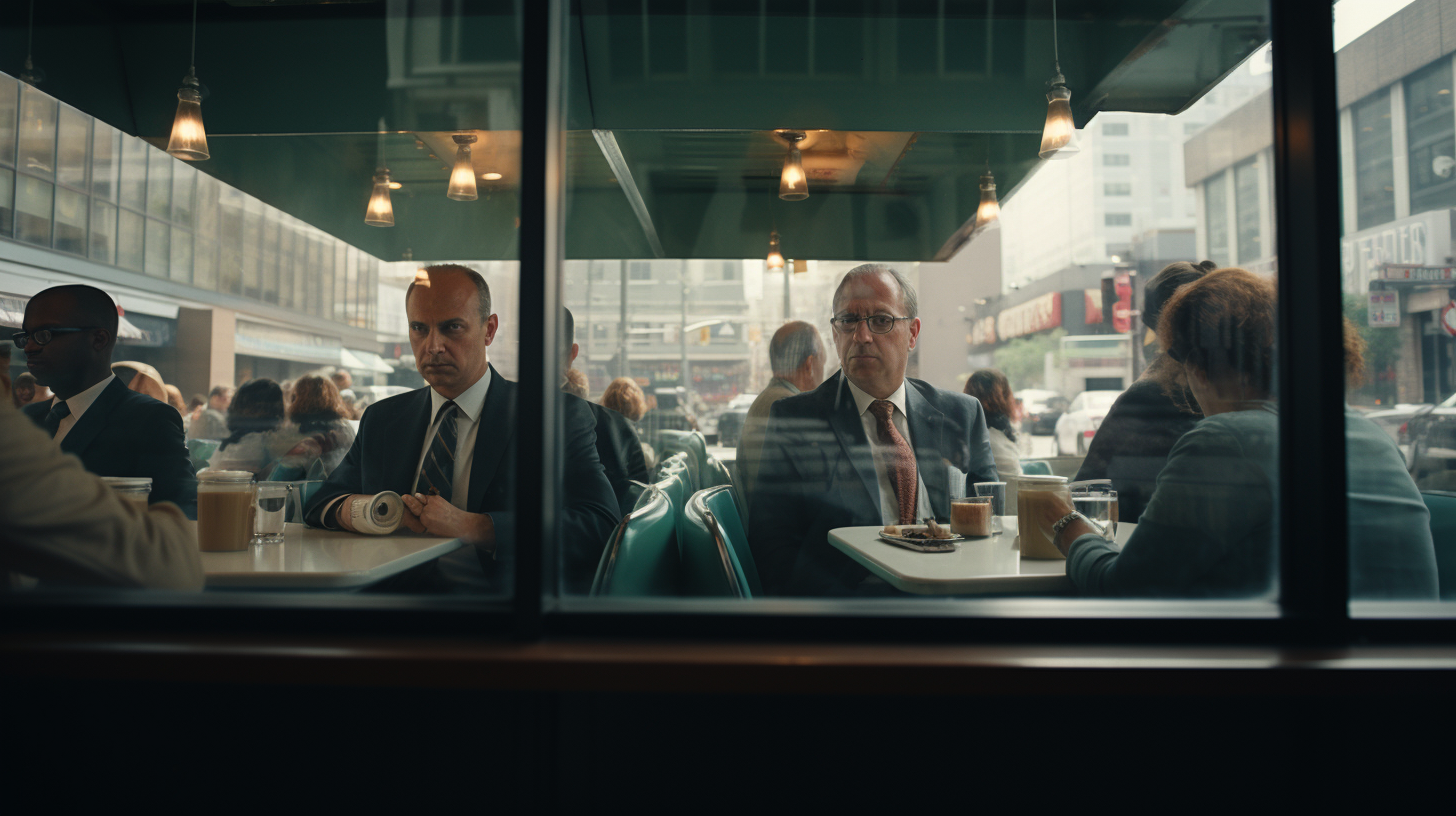 Bankers observing diner scene through window