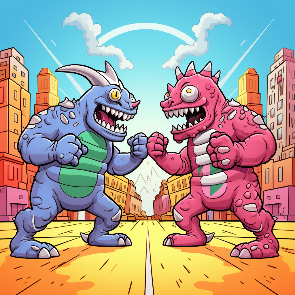 Friendly monsters preparing to wrestle in the city