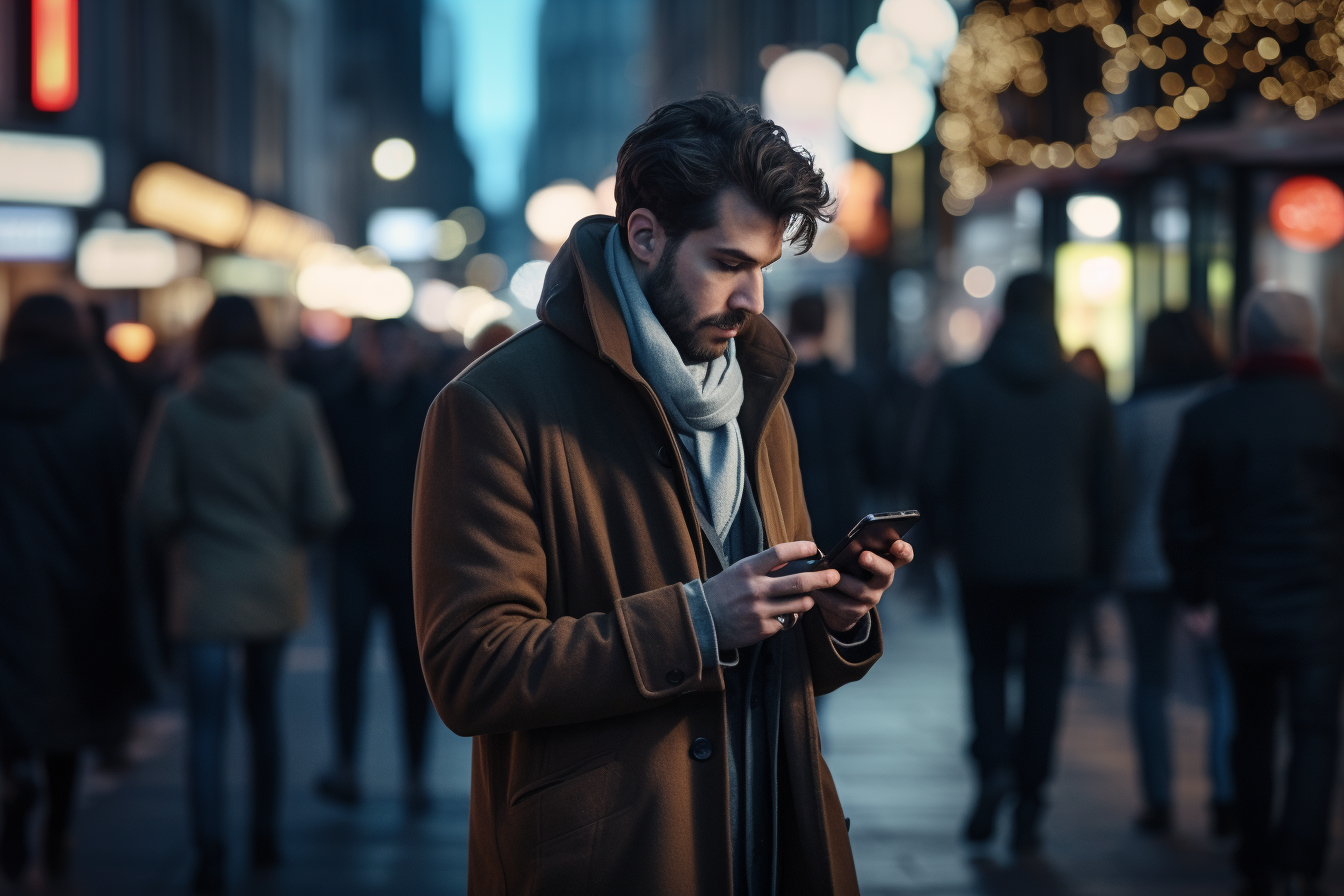 Man on Busy City Street Checking Phone