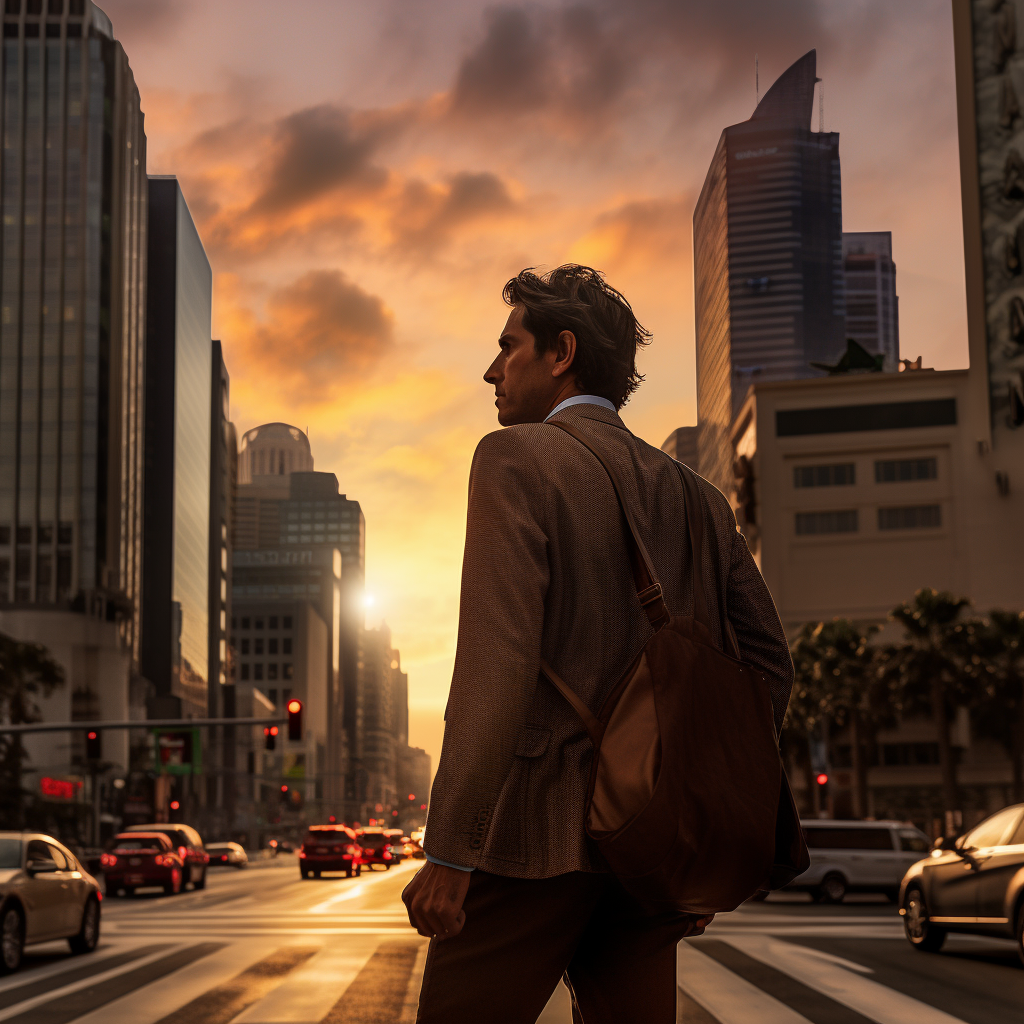 Man Walking on City Street at Sunset