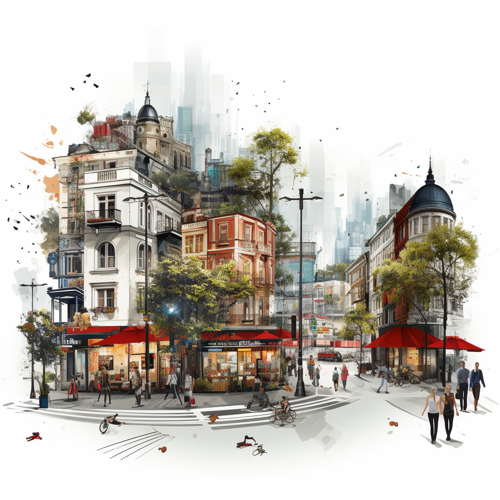 Street scene with people, shops, and restaurants