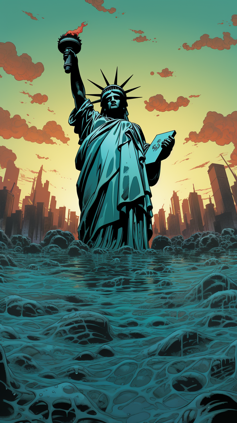 Drowned Statue of Liberty among Skyscrapers