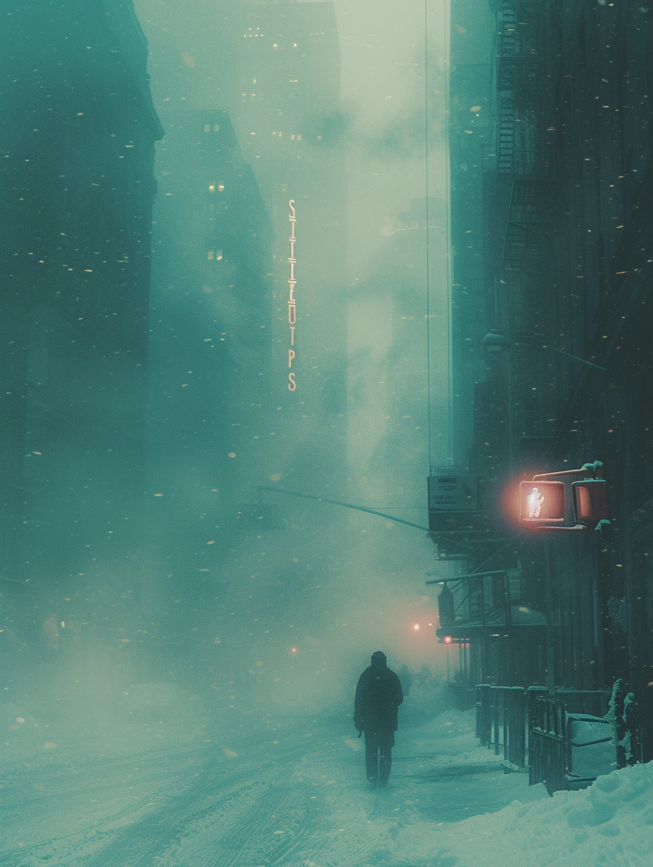 Moody cityscape with atmospheric lighting in the snow