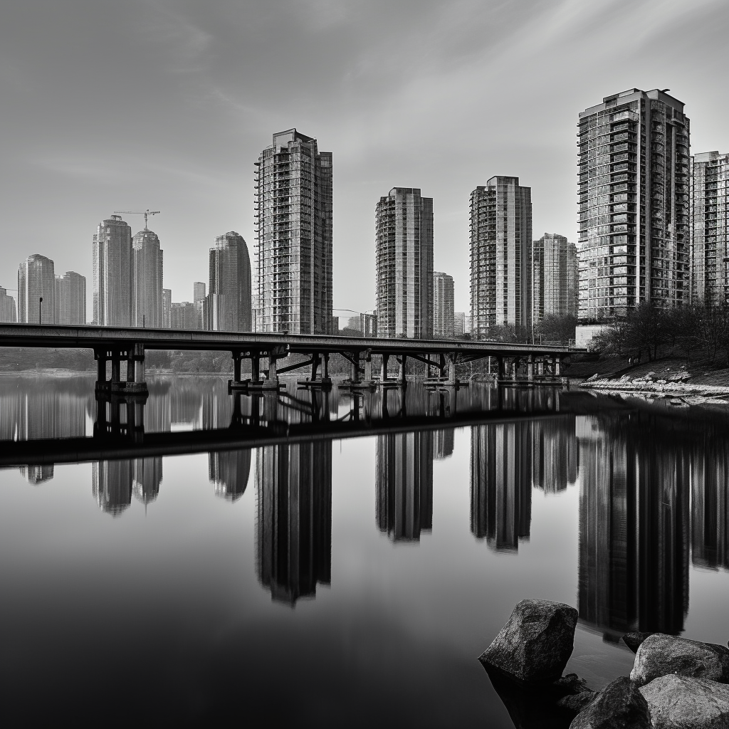 Cityscape waterfront river bridge buildings