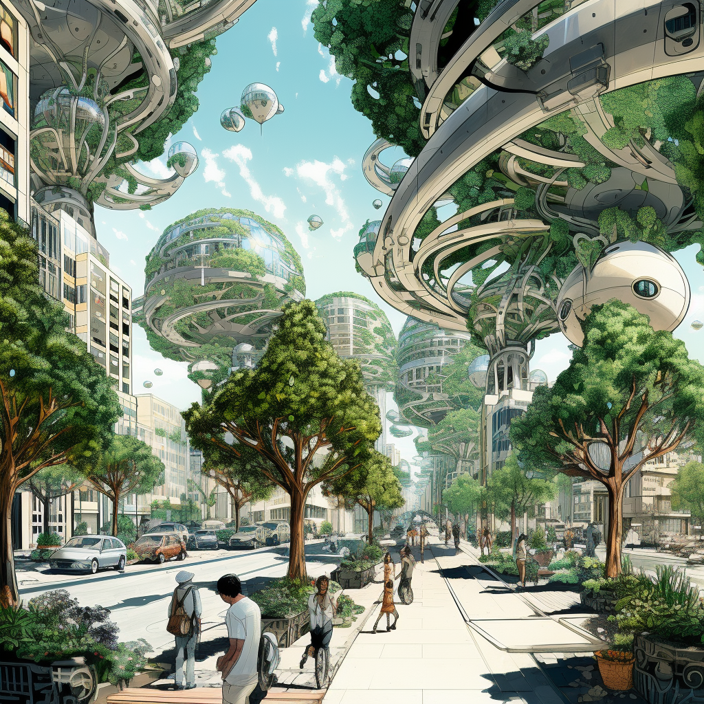 Futuristic cityscape with life pods and trees