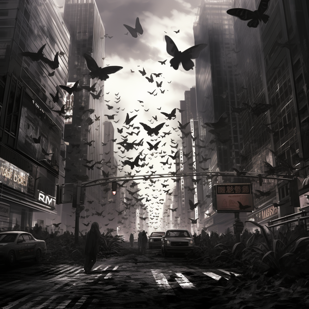 Monochrome cityscape with butterfly in flight