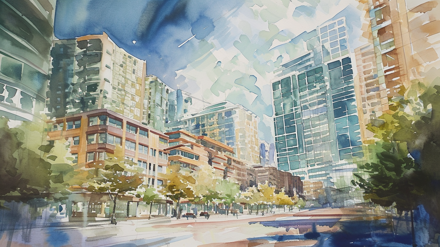 Watercolor cityscape in midst of transformation