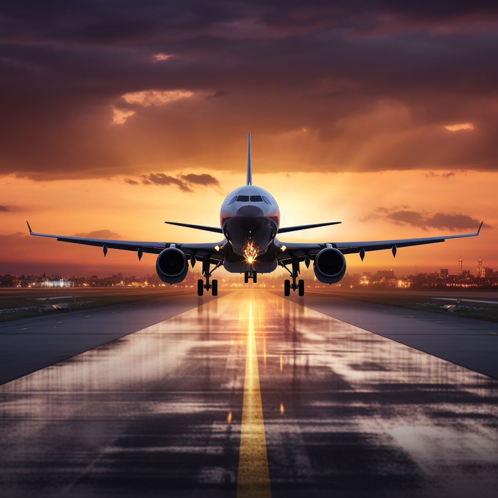 Civil aircraft making a soft landing at sunset