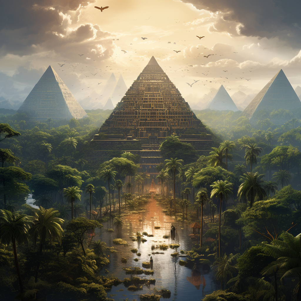 Golden pyramids in tropical rainforest