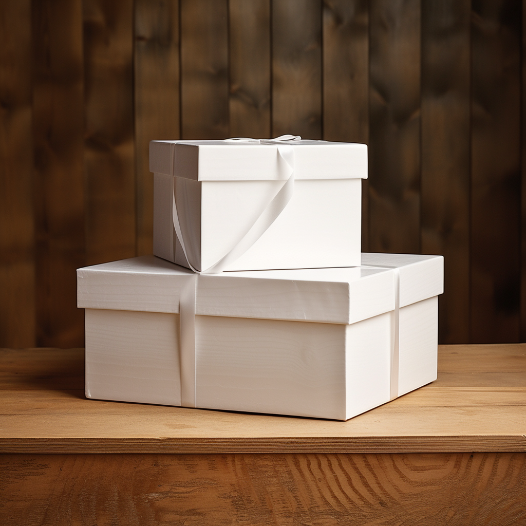 Clamshell White Boxes on Wood Table Stacked