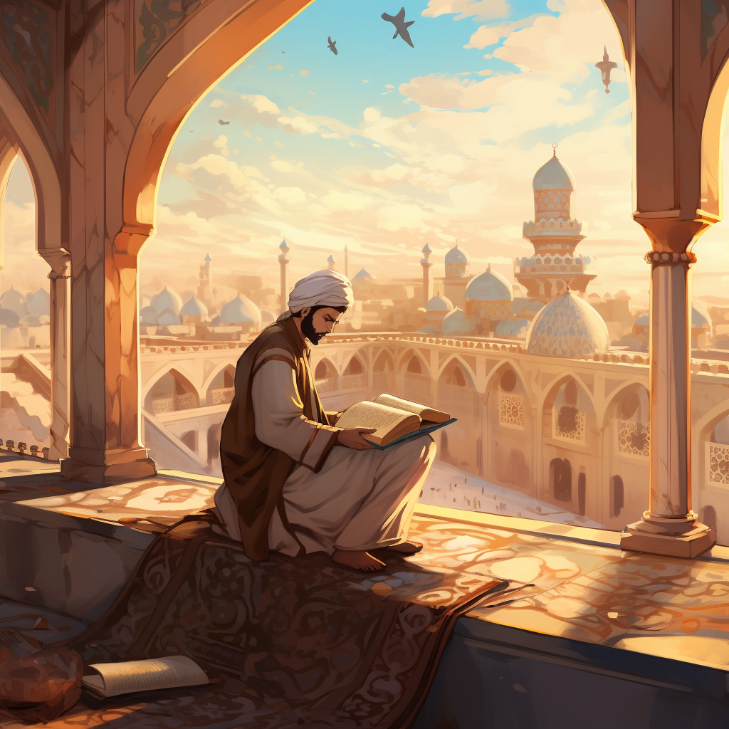 Cartoon of Muslim Man Reading Book at Mosque