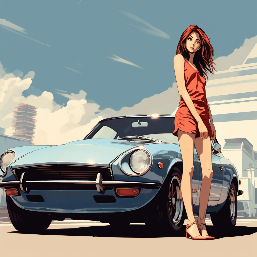 Anime girl with classic Datsun Z car