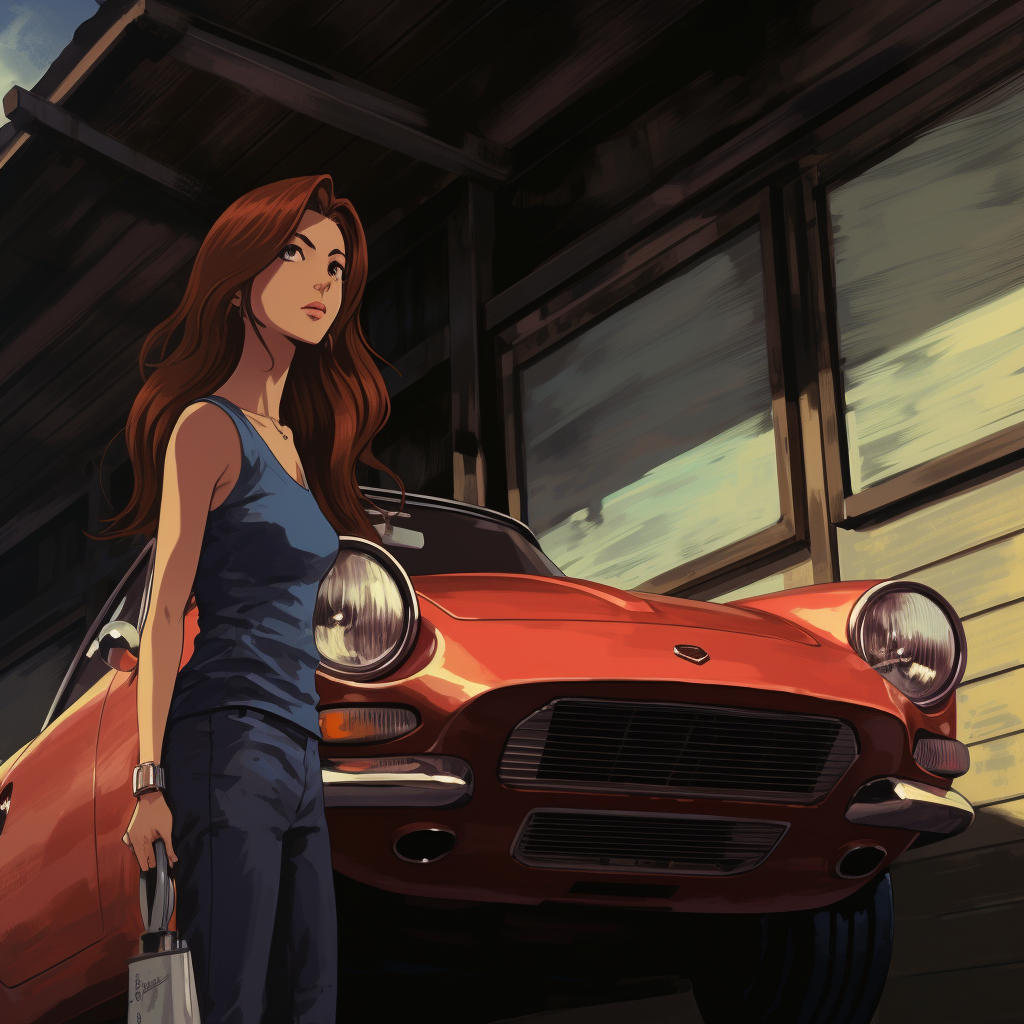 Woman waiting in front of classic Datsun Z car