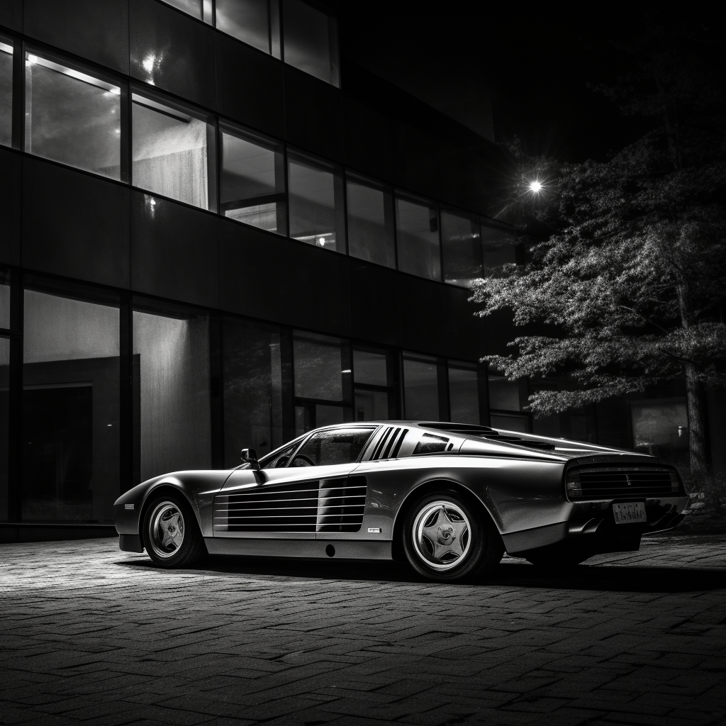 Side view of classic Ferrari Testarossa in front of brutalist building