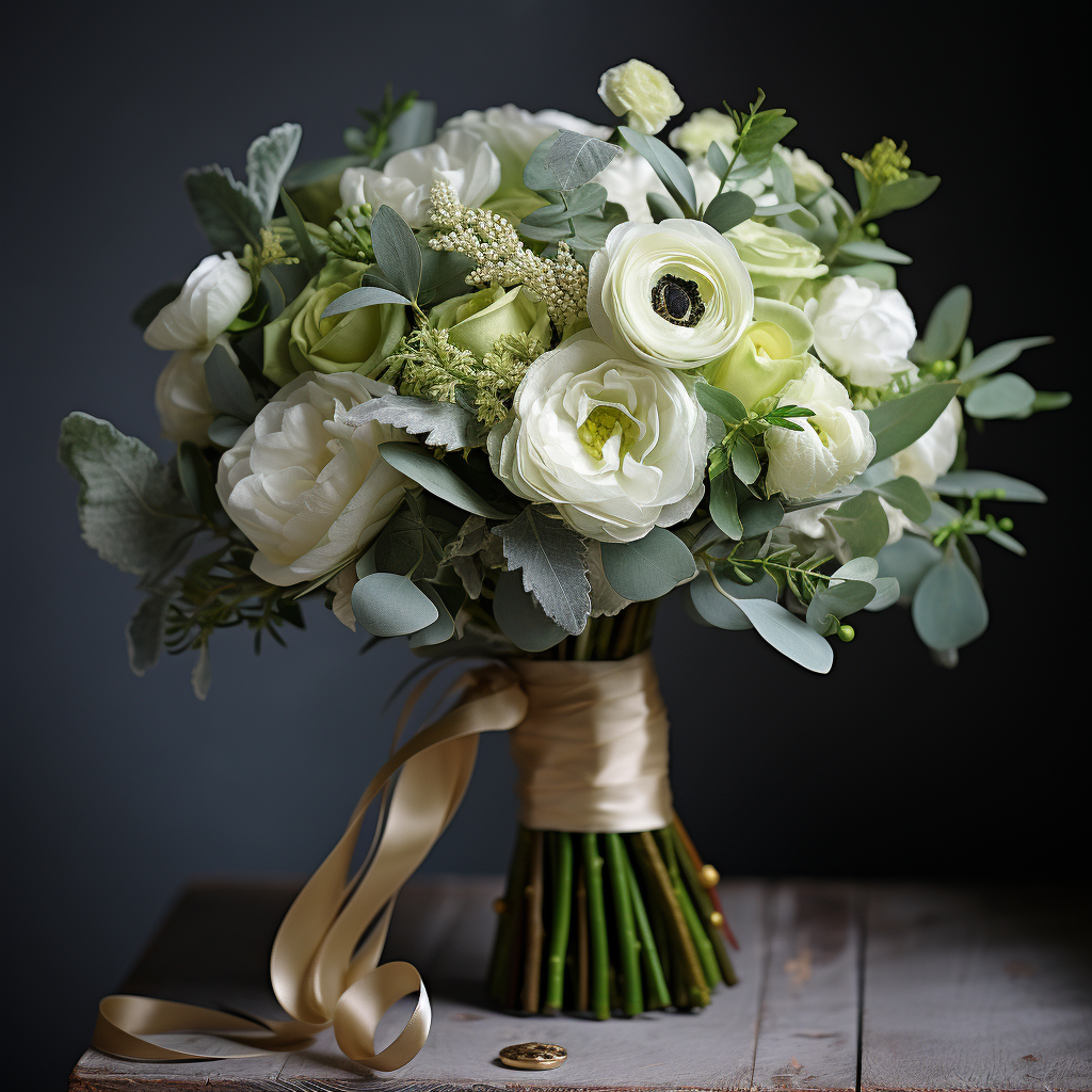 Beautiful white and green Italian wedding bouquet with ranunculus and eucalyptus