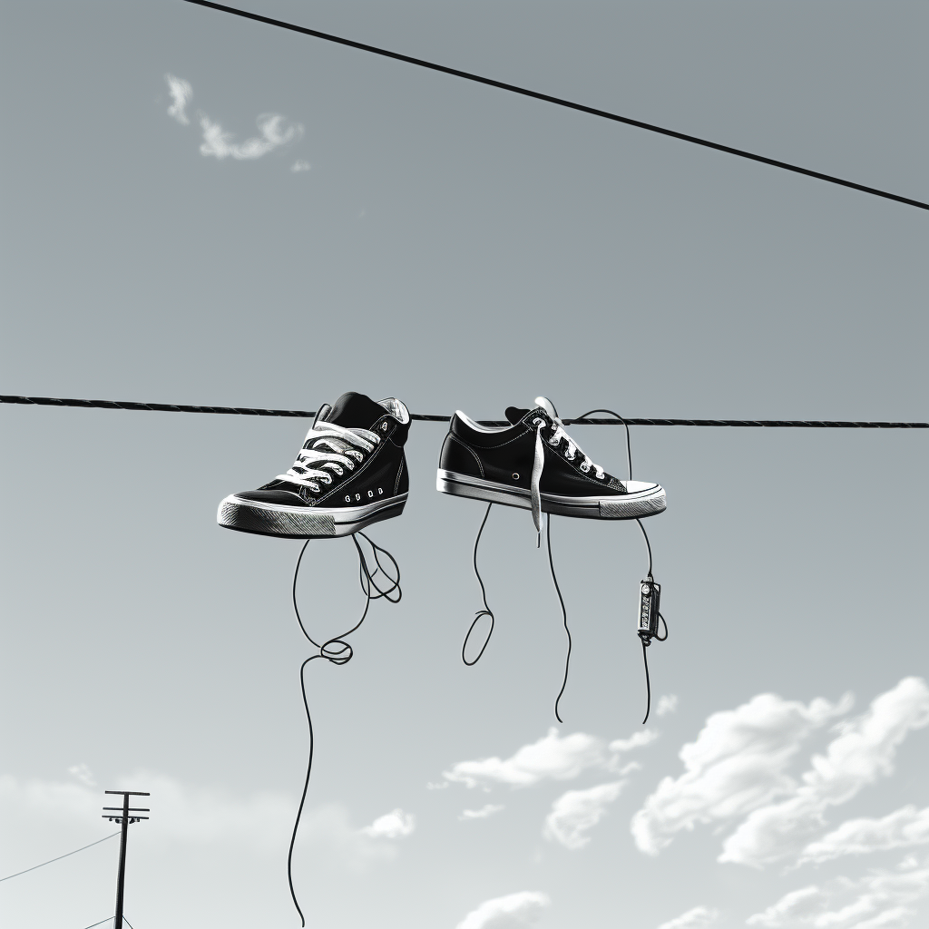 black and white sneakers hanging from telephone wire