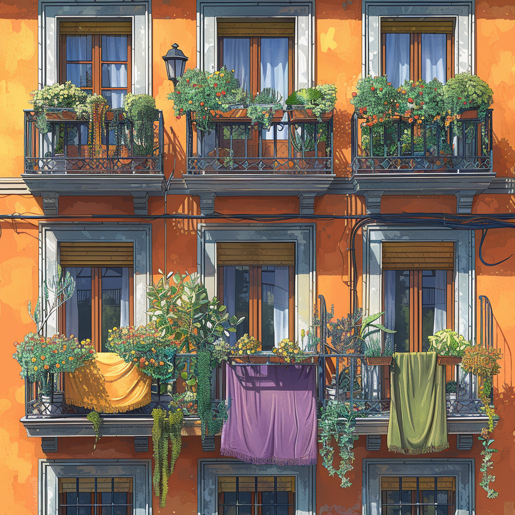 Traditional Madrid Building Balconies Decorated