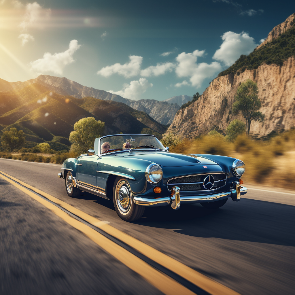 Classic car driving on scenic road