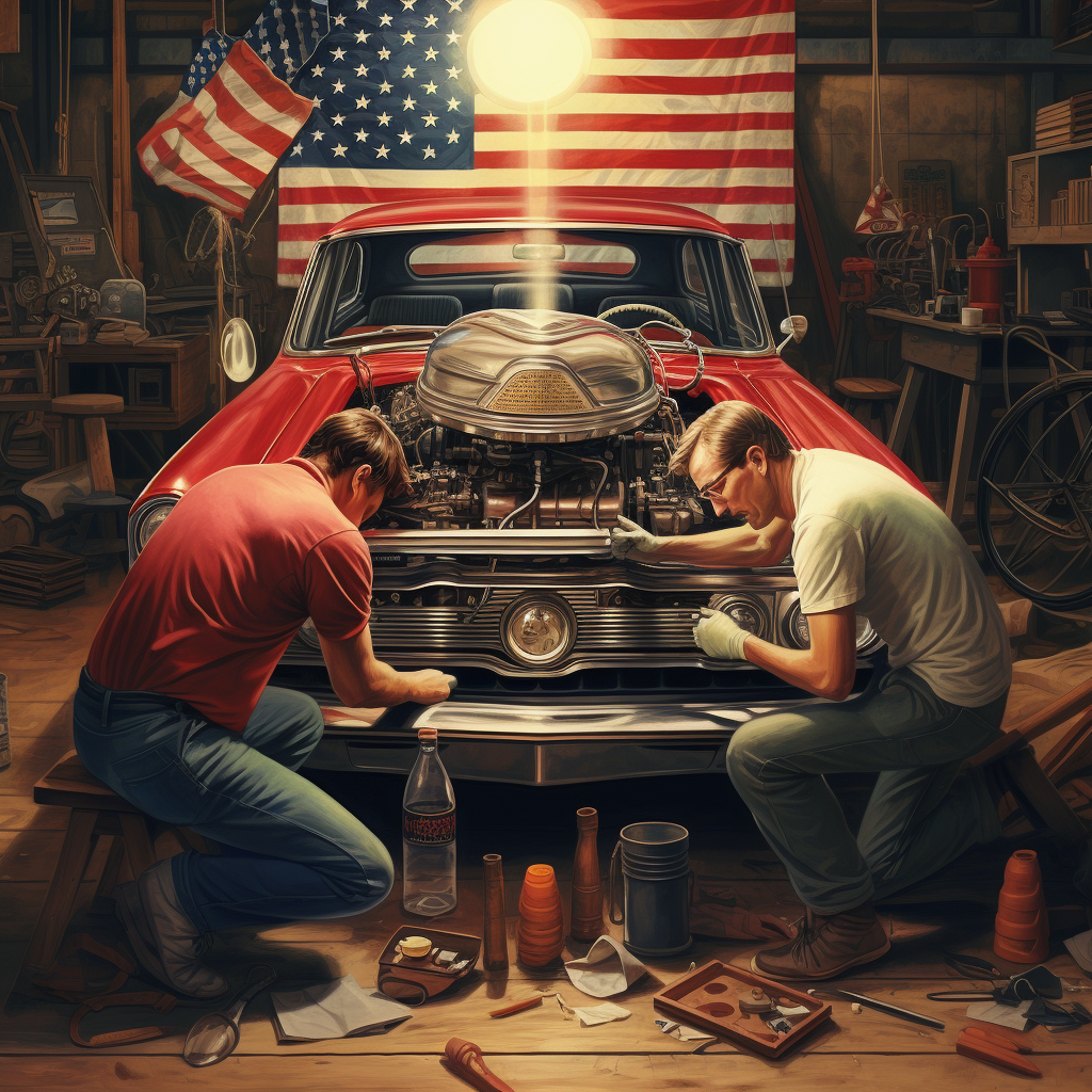 Two people working on a classic car