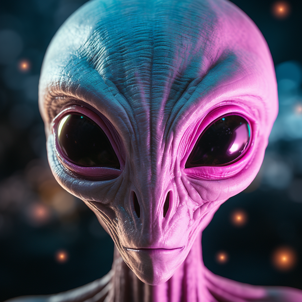 Highly detailed grey alien face with pink glowing eyes