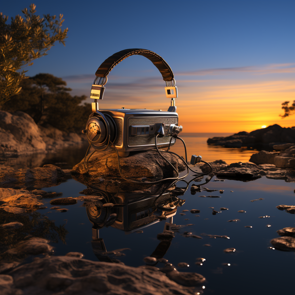 Levitating classic microphone and headphones in ocean twilight