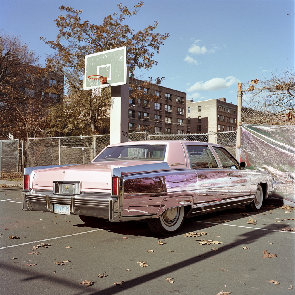 Shiny pink and white classic sedan car