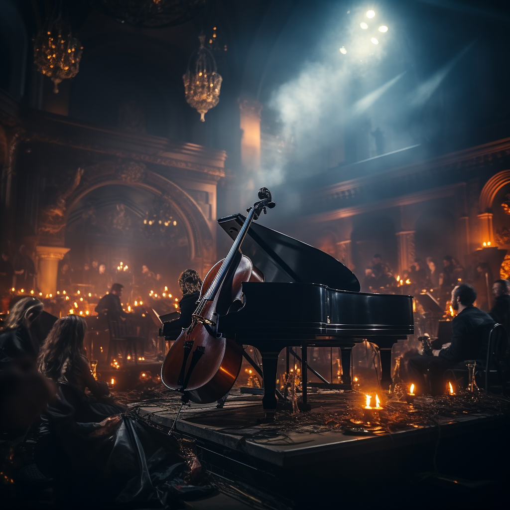 Classical orchestra performing in a cinematic setting