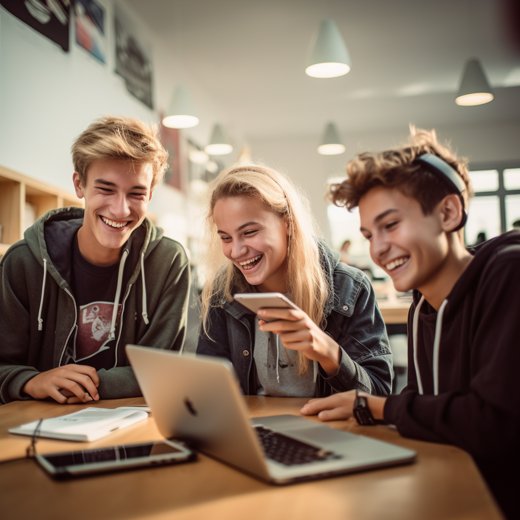 Students talking in classroom with laptops and iPhones