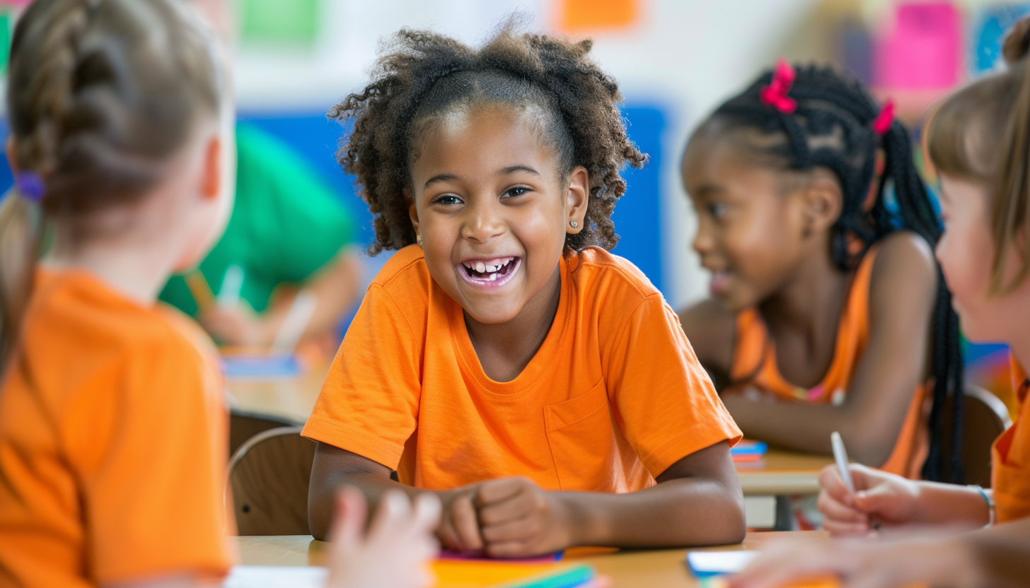 classroom filled with young students learning American Sign Language