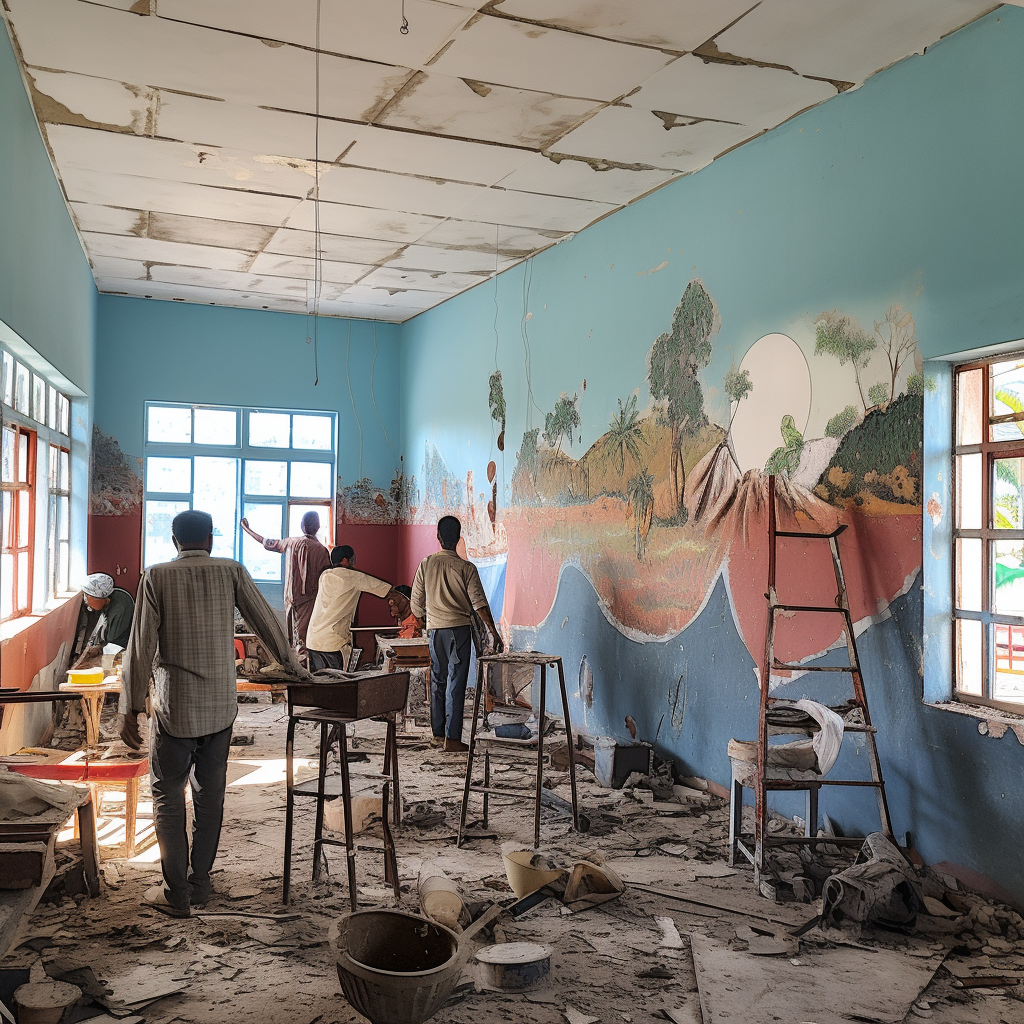 Workers renovating primary school classroom