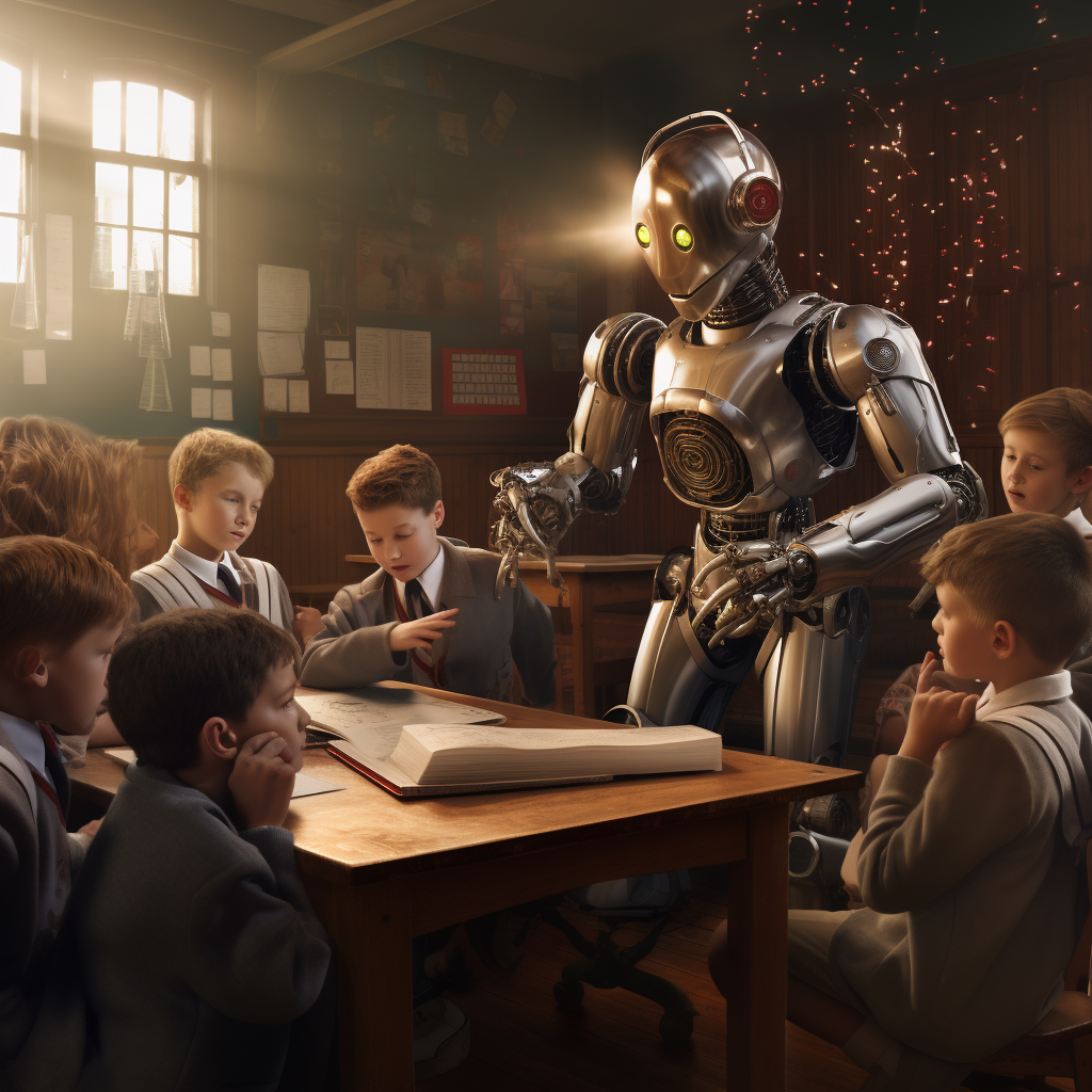 Classroom with friendly robot priest teaching