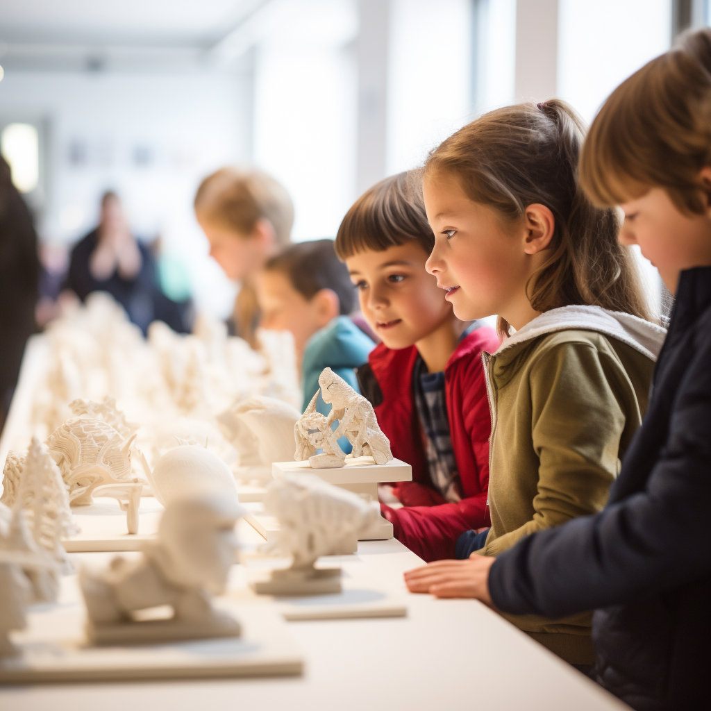 Children observing 3D printed sculptures