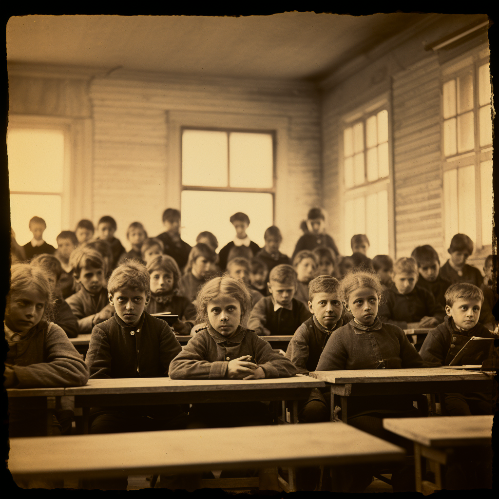 Curious and expressive school children in 1885 classroom