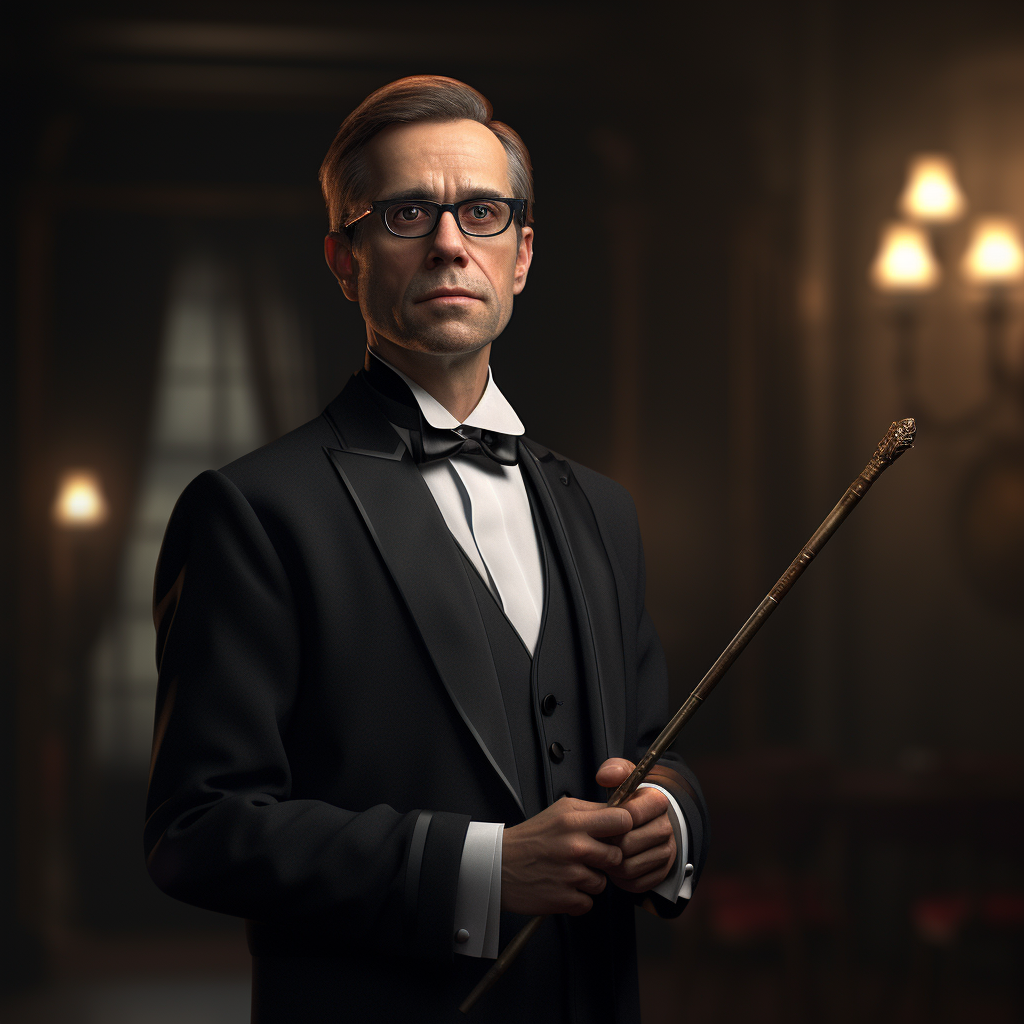 Composer in elegant attire holding baton